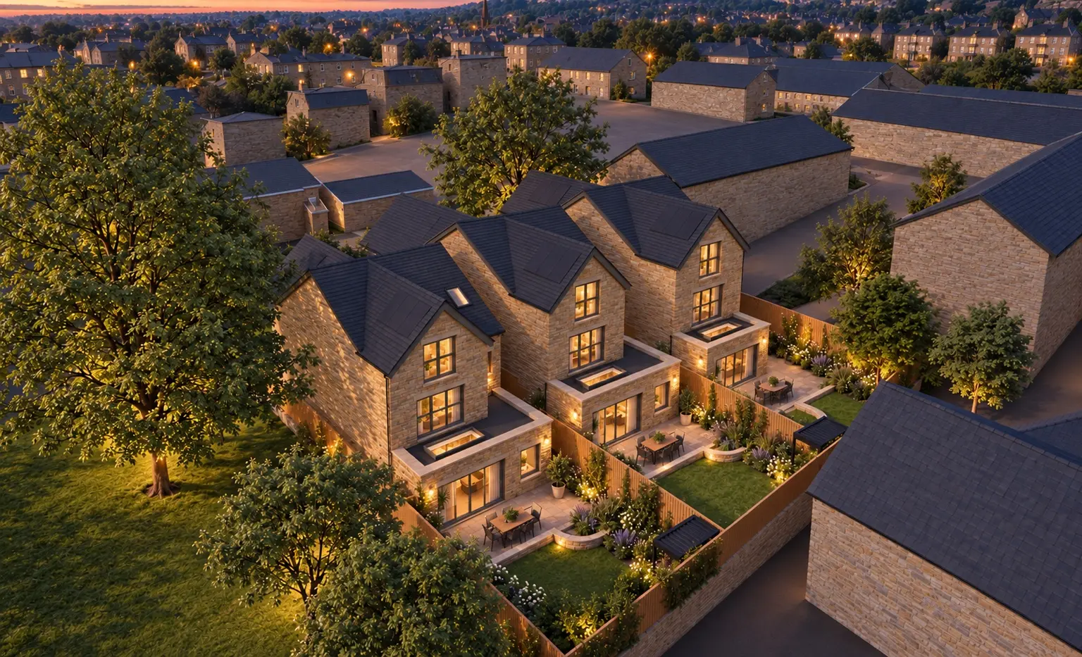 Angled rear view of the development and gardens