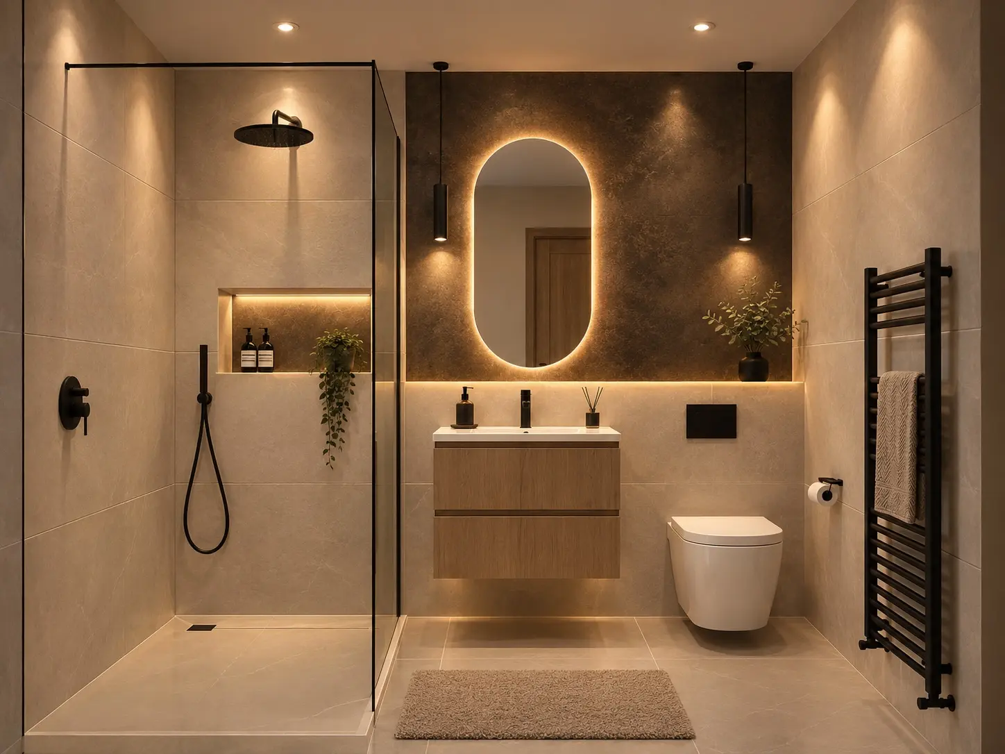 Warm stone bathroom with bronze feature wall