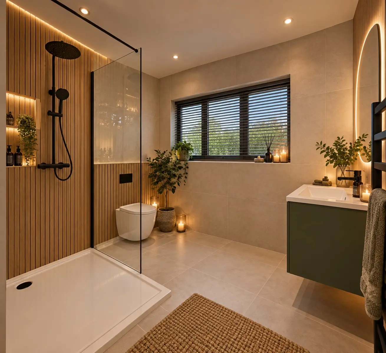 Bathroom with oak slatted feature wall