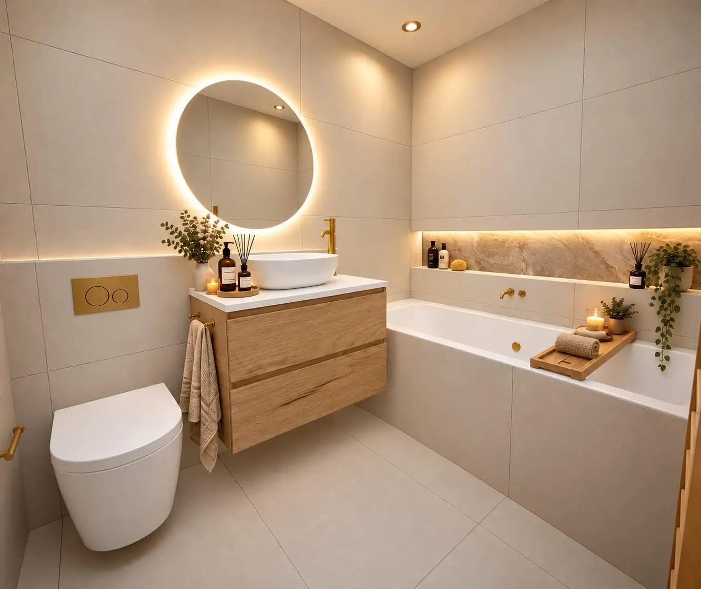 Family bathroom in soft stone and oak tones