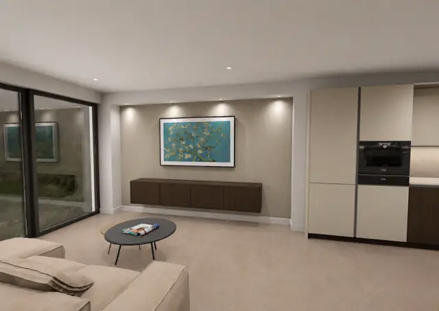 Living space with floating media cabinet